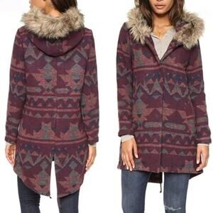 BB Dakota Aztec Fur Trim Coat Blanket Southwestern Dusty Parka Winter Jacket S